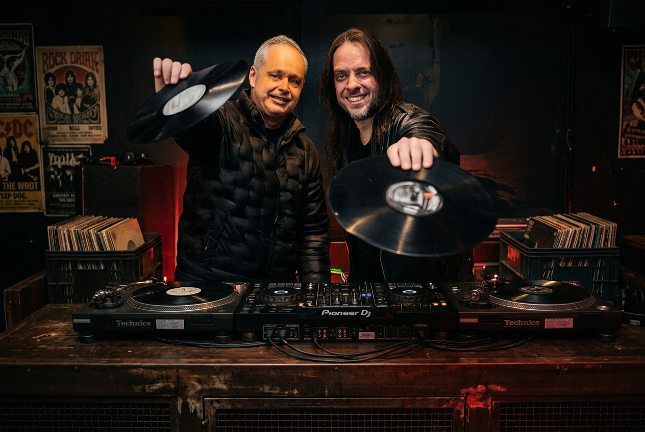 DJ Dema e DJ Edu Rox atrás de uma mesa de DJ com toca-discos em um bar de rock com luz âmbar